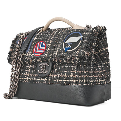 CHANEL シャネル パッチエアライン 2WAY チェーンショルダーバッグ ツイード×キャビアスキン 黒×バイカラー シルバー金具 中古