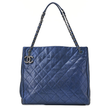 CHANEL Matelasse Coco Charm Chain Tote Bag Caviar Skin Blue Silver-Tone Hardware, Pre-Owned
