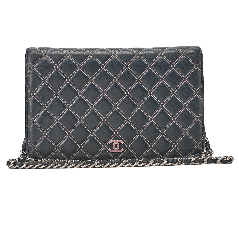 CHANEL Lambskin Ultra Stitch Magnetic Lock Chain Wallet Navy Silver-Tone Hardware, Pre-Owned