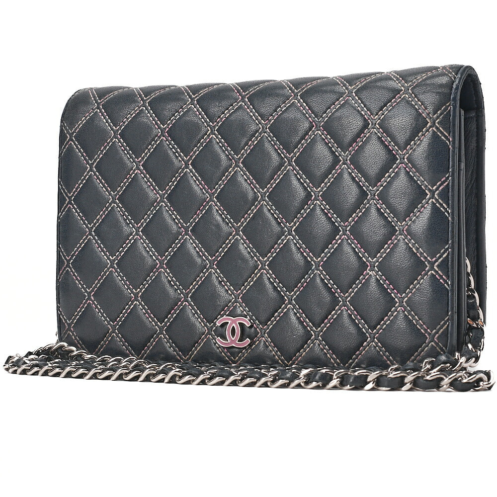 CHANEL Lambskin Ultra Stitch Magnetic Lock Chain Wallet Navy Silver-Tone Hardware, Pre-Owned