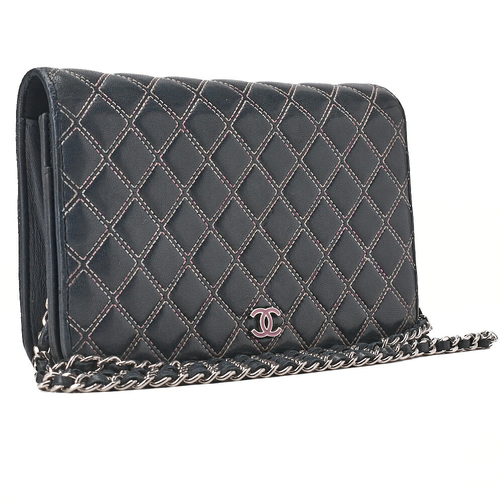 CHANEL Lambskin Ultra Stitch Magnetic Lock Chain Wallet Navy Silver-Tone Hardware, Pre-Owned