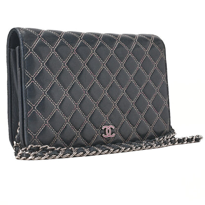 CHANEL Lambskin Ultra Stitch Magnetic Lock Chain Wallet Navy Silver-Tone Hardware, Pre-Owned