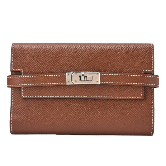HERMES Kelly Wallet 3-Fold Compact Epson Gold Silver-Tone Hardware, Pre-Owned