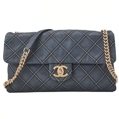 CHANEL Ultra Stitch Matelasse Chain Shoulder Bag Single Flap Leather Navy Gold-Tone Hardware, Pre-Owned