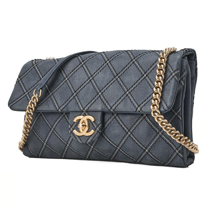 CHANEL Ultra Stitch Matelasse Chain Shoulder Bag Single Flap Leather Navy Gold-Tone Hardware, Pre-Owned