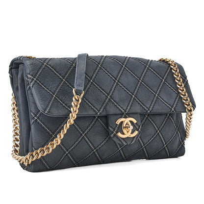 CHANEL Ultra Stitch Matelasse Chain Shoulder Bag Single Flap Leather Navy Gold-Tone Hardware, Pre-Owned