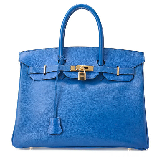 HERMES Birkin 35 Handbag Kushbel Blue France Gold-Tone Hardware, Pre-Owned