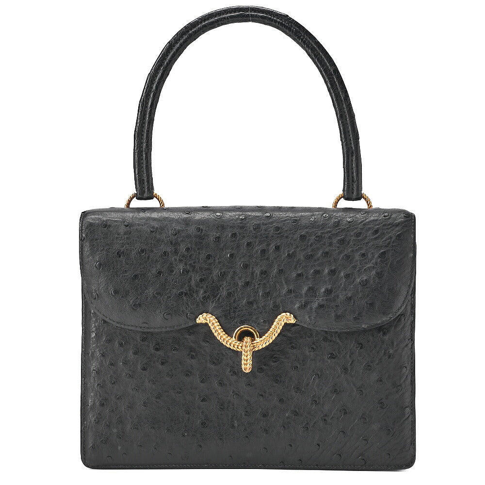 HERMES ヴァスコ オーストリッチ ハンドバッグ ブラック ゴールド金具 中古