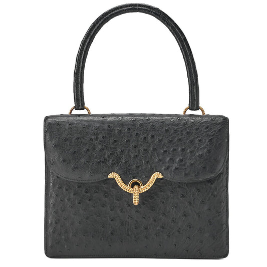 HERMES Vasco Ostrich Handbag Black Gold-Tone Hardware, Pre-Owned
