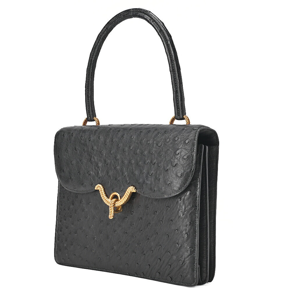 HERMES ヴァスコ オーストリッチ ハンドバッグ ブラック ゴールド金具 中古