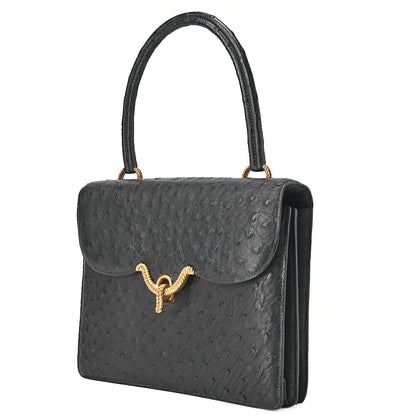 HERMES ヴァスコ オーストリッチ ハンドバッグ ブラック ゴールド金具 中古