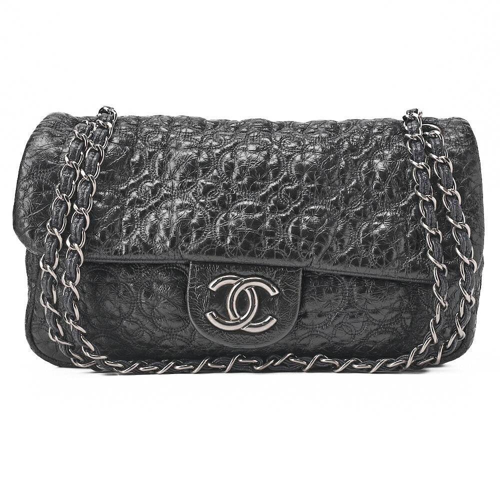 CHANEL エナメル カメリアライン シングルチェーン ショルダーバッグ パープル シルバー金具 中古品