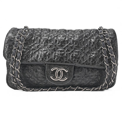 CHANEL エナメル カメリアライン シングルチェーン ショルダーバッグ パープル シルバー金具 中古品