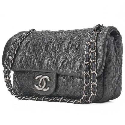 CHANEL エナメル カメリアライン シングルチェーン ショルダーバッグ パープル シルバー金具 中古品