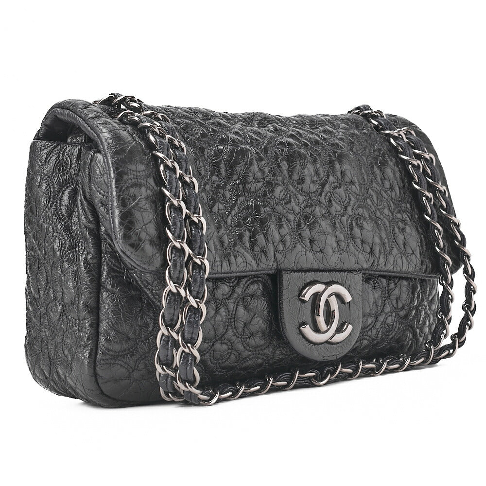 CHANEL エナメル カメリアライン シングルチェーン ショルダーバッグ パープル シルバー金具 中古品