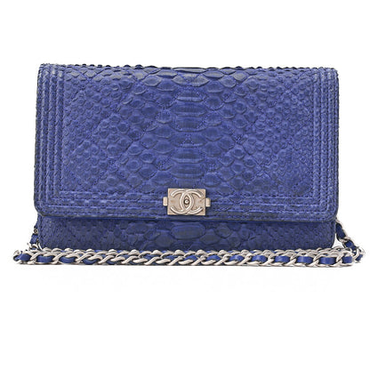 シャネル ボーイシャネル マトラッセ チェーンウォレット パイソン ブルー シルバー金具 中古品