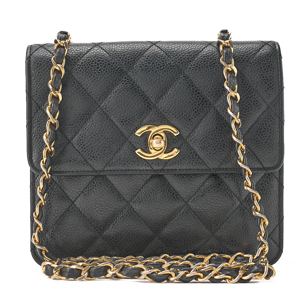 CHANEL ショルダーバッグ トートバッグ マトラッセ キャビアスキン スクエアチェーンショルダー 黒 ゴールド金具 中古
