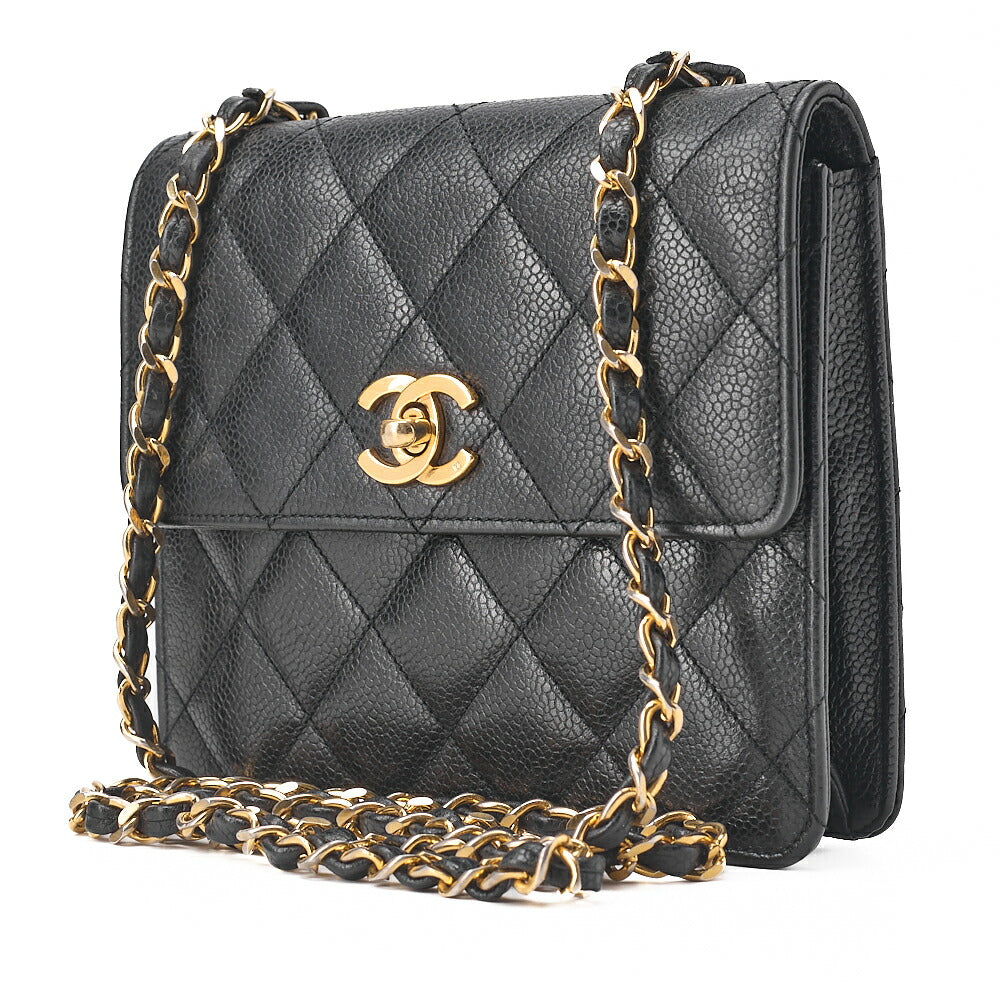 CHANEL ショルダーバッグ トートバッグ マトラッセ キャビアスキン スクエアチェーンショルダー 黒 ゴールド金具 中古