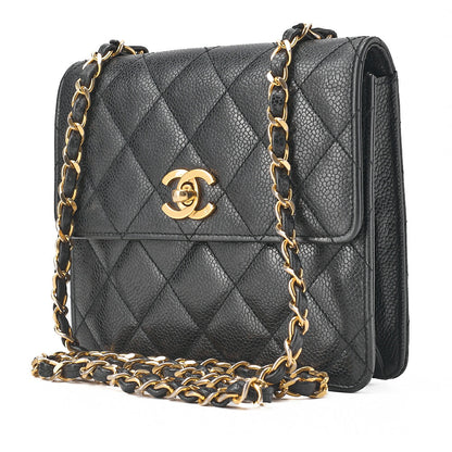 CHANEL ショルダーバッグ トートバッグ マトラッセ キャビアスキン スクエアチェーンショルダー 黒 ゴールド金具 中古