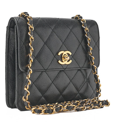 CHANEL ショルダーバッグ トートバッグ マトラッセ キャビアスキン スクエアチェーンショルダー 黒 ゴールド金具 中古