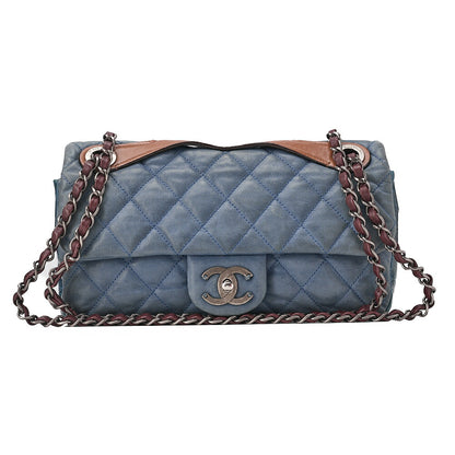 CHANEL スパークルレザー×ヴィンテージカーフ マトラッセ シングルチェーンショルダー ネイビー×ブラウン シルバー金具 中古