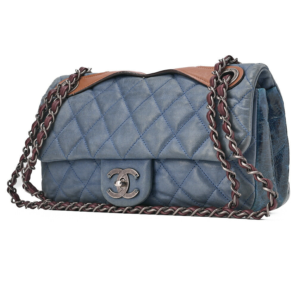 CHANEL スパークルレザー×ヴィンテージカーフ マトラッセ シングルチェーンショルダー ネイビー×ブラウン シルバー金具 中古