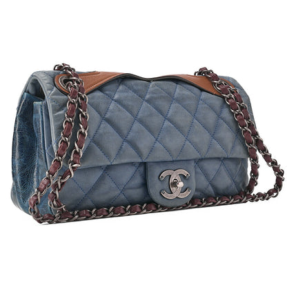 CHANEL スパークルレザー×ヴィンテージカーフ マトラッセ シングルチェーンショルダー ネイビー×ブラウン シルバー金具 中古