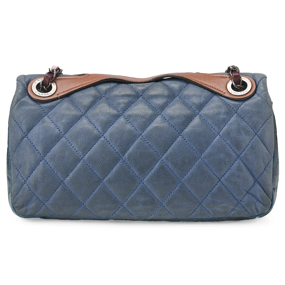 CHANEL スパークルレザー×ヴィンテージカーフ マトラッセ シングルチェーンショルダー ネイビー×ブラウン シルバー金具 中古