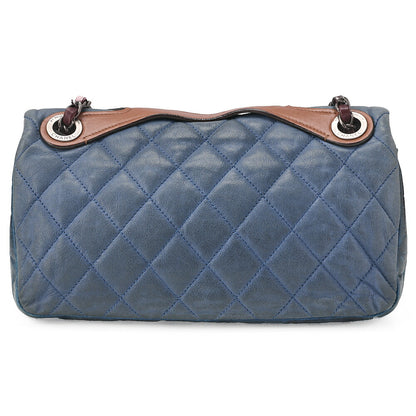CHANEL スパークルレザー×ヴィンテージカーフ マトラッセ シングルチェーンショルダー ネイビー×ブラウン シルバー金具 中古