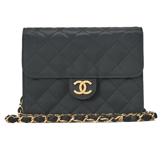 CHANEL Mini Matelasse Push Lock Chain Shoulder Satin Black Gold-Tone Hardware, Pre-Owned