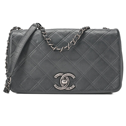 CHANEL Calfskin Matelasse Bicolore Full Flap Chain Shoulder Black Silver-Tone Hardware, Pre-Owned