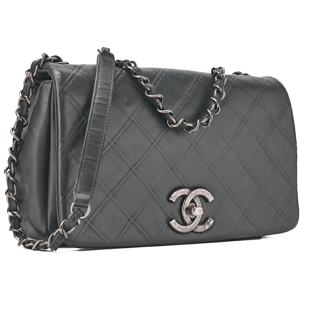 CHANEL Calfskin Matelasse Bicolore Full Flap Chain Shoulder Black Silver-Tone Hardware, Pre-Owned