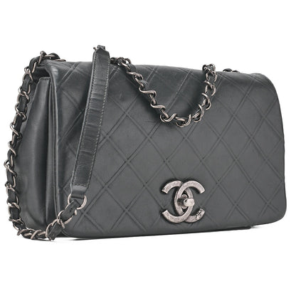CHANEL Calfskin Matelasse Bicolore Full Flap Chain Shoulder Black Silver-Tone Hardware, Pre-Owned