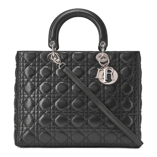 Dior Lady Dior Cannage Handbag Large Size 2way Shoulder Lambskin Silver-Tone Hardware, Pre-Owned