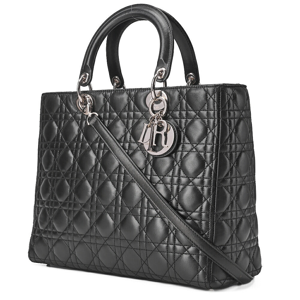 Dior Lady Dior Cannage Handbag Large Size 2way Shoulder Lambskin Silver-Tone Hardware, Pre-Owned