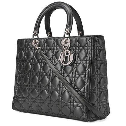 Dior Lady Dior Cannage Handbag Large Size 2way Shoulder Lambskin Silver-Tone Hardware, Pre-Owned