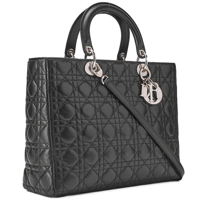 Dior Lady Dior Cannage Handbag Large Size 2way Shoulder Lambskin Silver-Tone Hardware, Pre-Owned