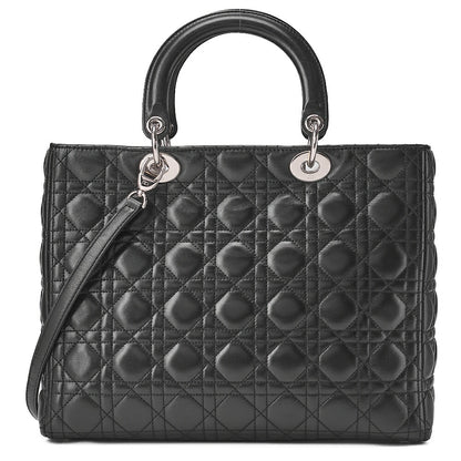Dior Lady Dior Cannage Handbag Large Size 2way Shoulder Lambskin Silver-Tone Hardware, Pre-Owned