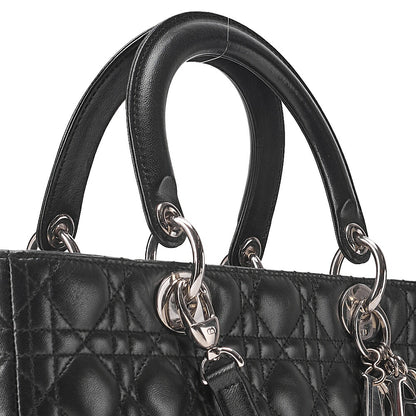 Dior Lady Dior Cannage Handbag Large Size 2way Shoulder Lambskin Silver-Tone Hardware, Pre-Owned