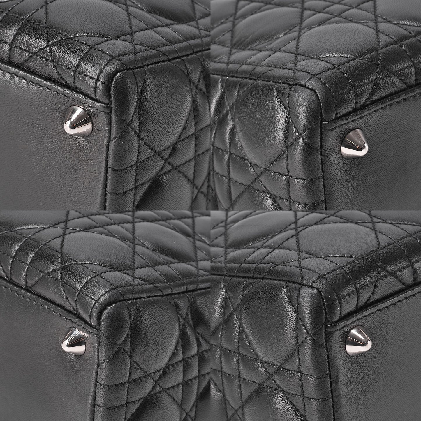 Dior Lady Dior Cannage Handbag Large Size 2way Shoulder Lambskin Silver-Tone Hardware, Pre-Owned