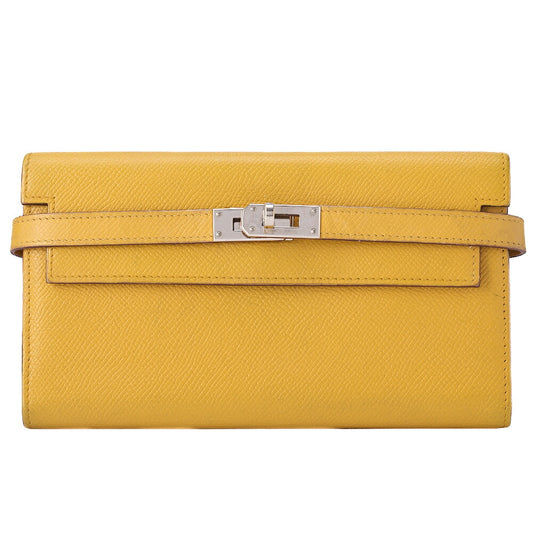 HERMES Kelly Wallet 3-fold Long Wallet Epson Yellow Silver-Tone Hardware, Pre-Owned