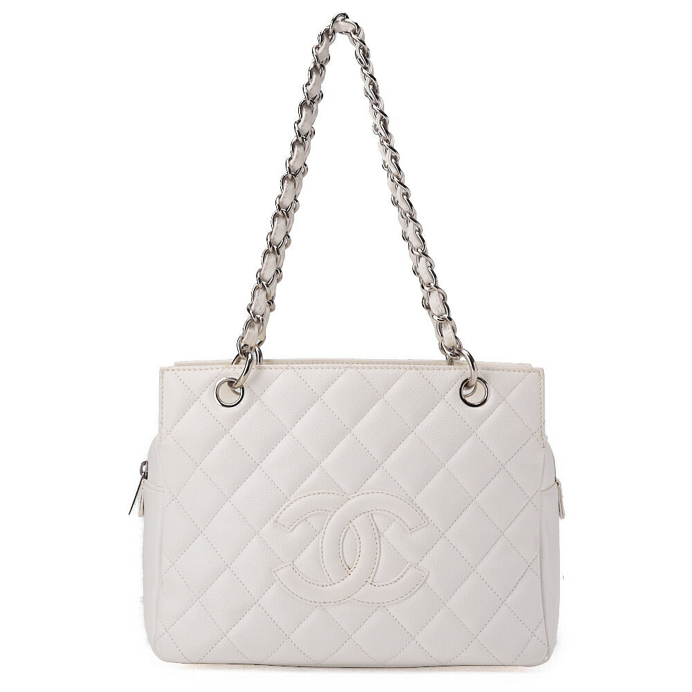 CHANEL Matelasse Double Chain Tote Bag PTT Caviar Skin White Silver-Tone Hardware, Pre-Owned
