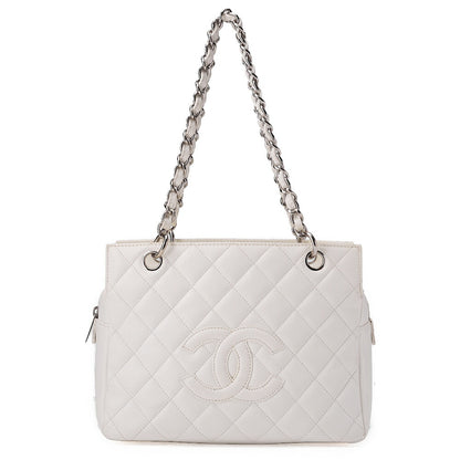 CHANEL Matelasse Double Chain Tote Bag PTT Caviar Skin White Silver-Tone Hardware, Pre-Owned