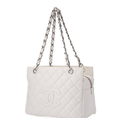 CHANEL Matelasse Double Chain Tote Bag PTT Caviar Skin White Silver-Tone Hardware, Pre-Owned