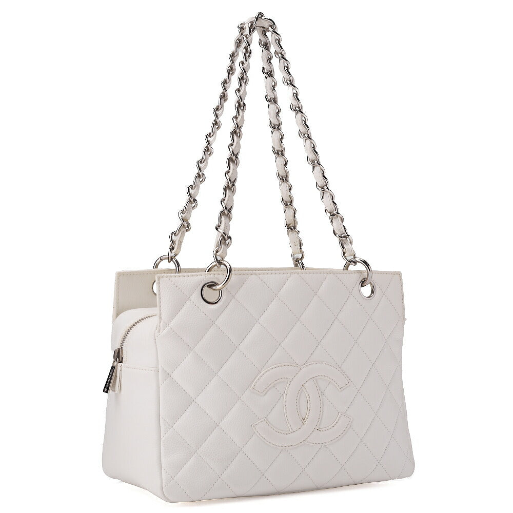 CHANEL Matelasse Double Chain Tote Bag PTT Caviar Skin White Silver-Tone Hardware, Pre-Owned