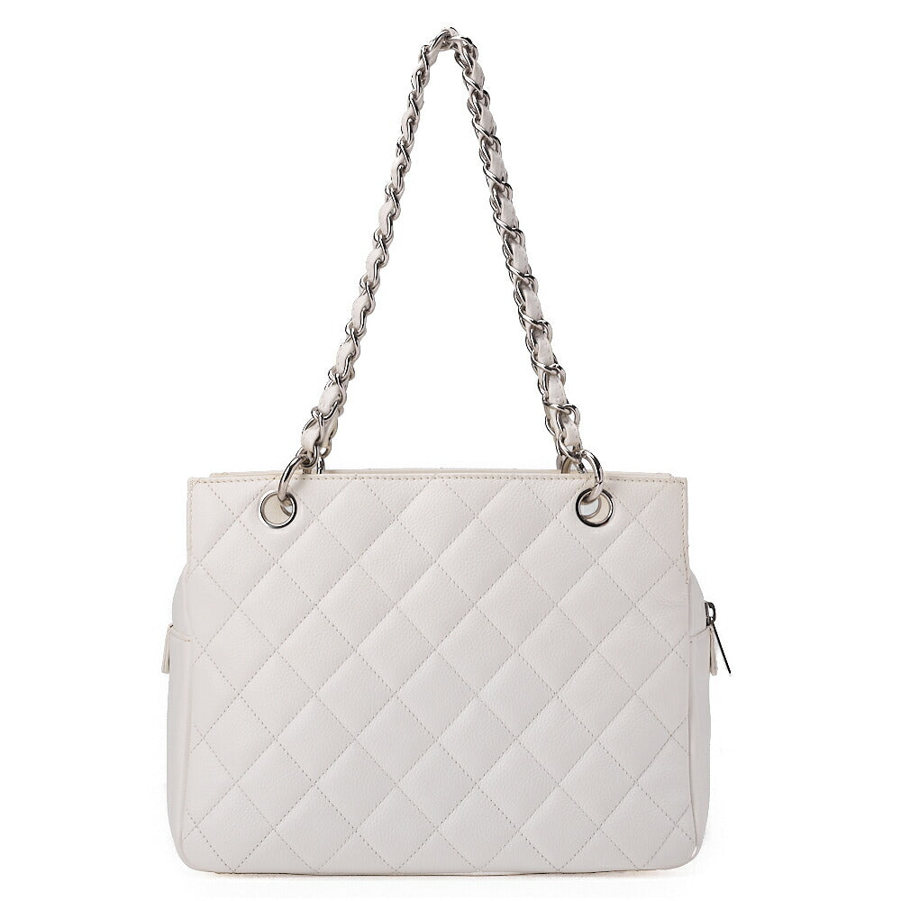 CHANEL Matelasse Double Chain Tote Bag PTT Caviar Skin White Silver-Tone Hardware, Pre-Owned