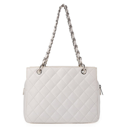 CHANEL Matelasse Double Chain Tote Bag PTT Caviar Skin White Silver-Tone Hardware, Pre-Owned