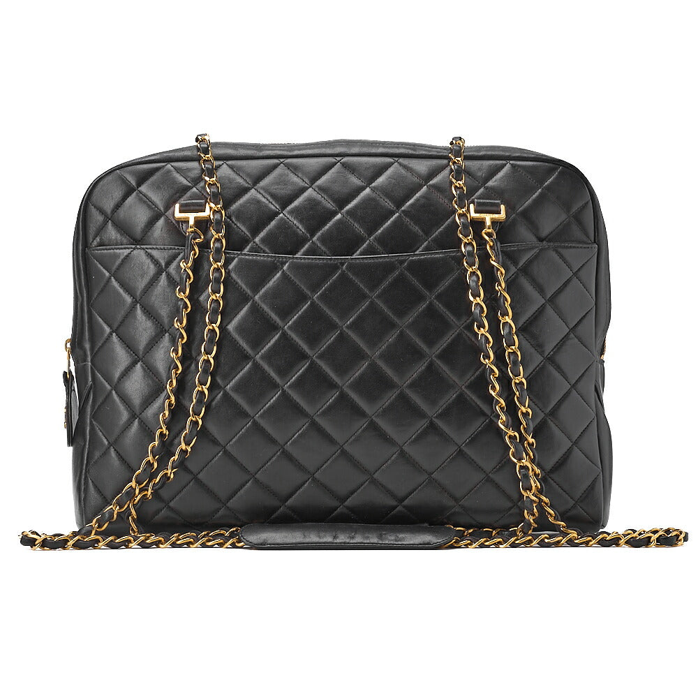 CHANEL Matelasse Double Chain Shoulder Bag Large Size Lambskin Black Gold-Tone Hardware, Pre-Owned