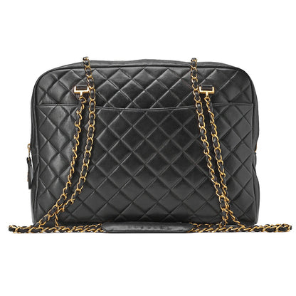 CHANEL Matelasse Double Chain Shoulder Bag Large Size Lambskin Black Gold-Tone Hardware, Pre-Owned