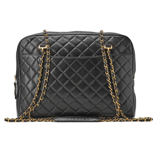 CHANEL Matelasse Double Chain Shoulder Bag Large Size Lambskin Black Gold-Tone Hardware, Pre-Owned